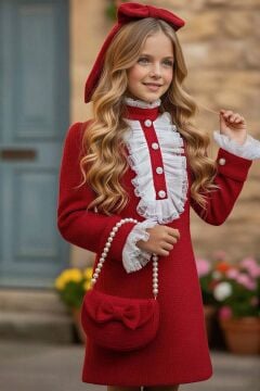 Kız Çocuk Fırfır ve Palyaço Yaka Göğsü Düğme ve Dantel İşleme Detaylı Şanel Kırmızı Elbise