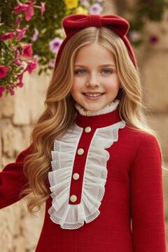 Kız Çocuk Fırfır ve Palyaço Yaka Göğsü Düğme ve Dantel İşleme Detaylı Şanel Kırmızı Elbise