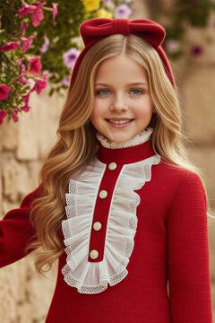 Kız Çocuk Fırfır ve Palyaço Yaka Göğsü Düğme ve Dantel İşleme Detaylı Şanel Kırmızı Elbise