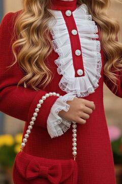 Kız Çocuk Fırfır ve Palyaço Yaka Göğsü Düğme ve Dantel İşleme Detaylı Şanel Kırmızı Elbise