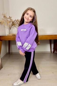 Kız Çocuk Kollarında ve Göğsünde Girl Yazı Detaylı Lila Sweat Şerit Detaylı Eşofman Takım