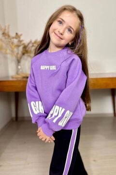 Kız Çocuk Kollarında ve Göğsünde Girl Yazı Detaylı Lila Sweat Şerit Detaylı Eşofman Takım