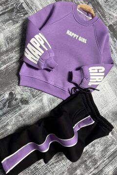 Kız Çocuk Kollarında ve Göğsünde Girl Yazı Detaylı Lila Sweat Şerit Detaylı Eşofman Takım