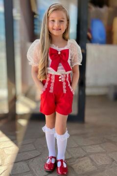 Kız Çocuk Kare Yaka Şeffaf Tül Detaylı Kırmızı Şortlu Takım