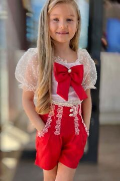 Kız Çocuk Kare Yaka Şeffaf Tül Detaylı Kırmızı Şortlu Takım