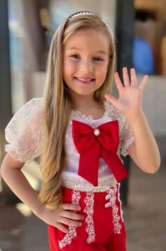 Kız Çocuk Kare Yaka Şeffaf Tül Detaylı Kırmızı Şortlu Takım