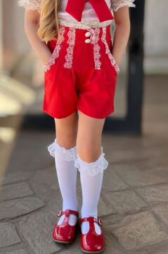 Kız Çocuk Kare Yaka Şeffaf Tül Detaylı Kırmızı Şortlu Takım