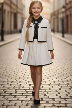 Kız Çocuk Yaka ve Ceket Kenarları Şerit Detaylı Ceket Klasik Gömlek Pileli Ekru Şanel Etekli Takım