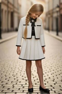 Kız Çocuk Yaka ve Ceket Kenarları Şerit Detaylı Ceket Klasik Gömlek Pileli Ekru Şanel Etekli Takım