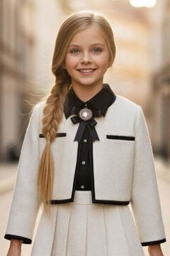 Kız Çocuk Yaka ve Ceket Kenarları Şerit Detaylı Ceket Klasik Gömlek Pileli Ekru Şanel Etekli Takım