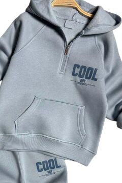 Erkek Çocuk Cool Boy Baskılı Fermuarlı Yaka Cepli Sweatshirt Buz Mavisi Eşofman Takım