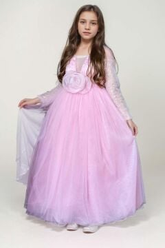 Kız Çocuk Üzeri Pulpayet İşlemeli Kolları Şeffaf Tüllü Toka Detaylı Pembe Abiye