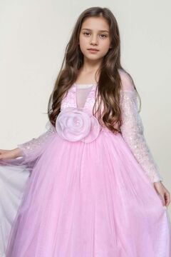 Kız Çocuk Üzeri Pulpayet İşlemeli Kolları Şeffaf Tüllü Toka Detaylı Pembe Abiye