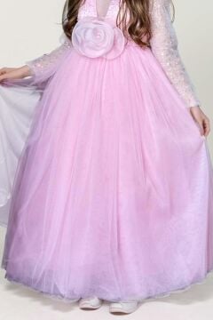 Kız Çocuk Üzeri Pulpayet İşlemeli Kolları Şeffaf Tüllü Toka Detaylı Pembe Abiye