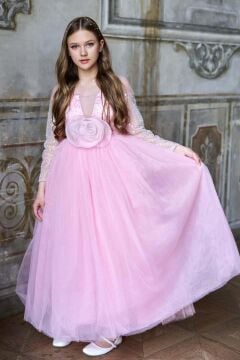 Kız Çocuk Üzeri Pulpayet İşlemeli Kolları Şeffaf Tüllü Toka Detaylı Pembe Abiye