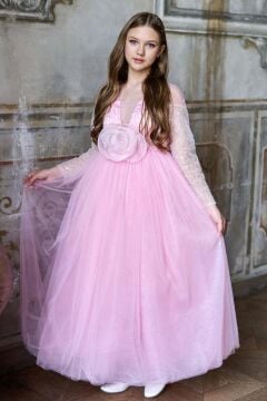 Kız Çocuk Üzeri Pulpayet İşlemeli Kolları Şeffaf Tüllü Toka Detaylı Pembe Abiye