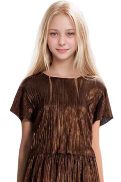 Kız Çocuk Parlak Kumaş Varaklı Bluz Pliseli Metal Rengi Etekli Takım