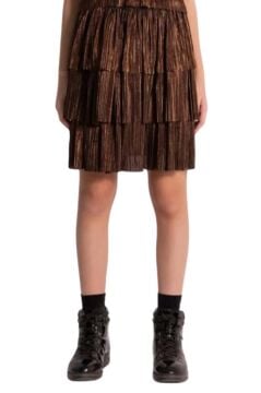 Kız Çocuk Parlak Kumaş Varaklı Bluz Pliseli Metal Rengi Etekli Takım