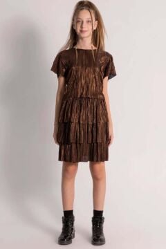 Kız Çocuk Parlak Kumaş Varaklı Bluz Pliseli Metal Rengi Etekli Takım