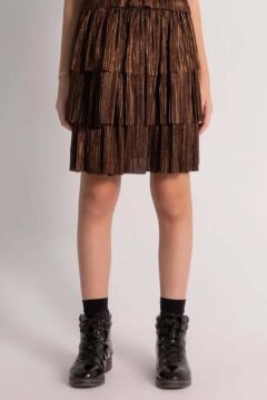 Kız Çocuk Parlak Kumaş Varaklı Bluz Pliseli Metal Rengi Etekli Takım