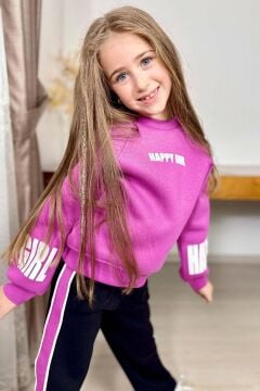 Kız Çocuk Kollarında ve Göğsünde Girl Yazı Detaylı Mor Sweat Şerit Detaylı Eşofman Takım