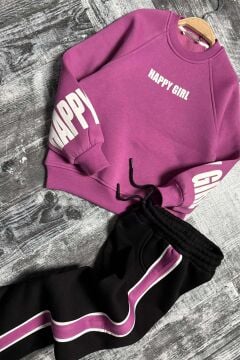 Kız Çocuk Kollarında ve Göğsünde Girl Yazı Detaylı Mor Sweat Şerit Detaylı Eşofman Takım