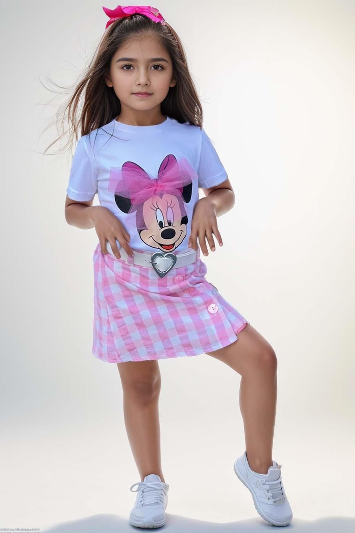 Kız Çocuk Minnie Baskı ve Üzeri Tül Fiyonk Detaylı Tişört Ekose Desen Etekli Takım