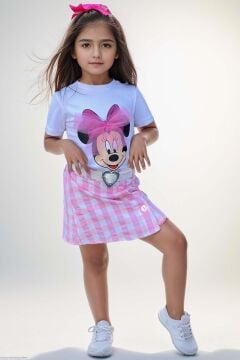 Kız Çocuk Minnie Baskı ve Üzeri Tül Fiyonk Detaylı Tişört Ekose Desen Etekli Takım