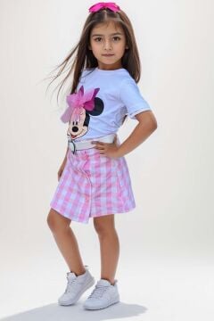 Kız Çocuk Minnie Baskı ve Üzeri Tül Fiyonk Detaylı Tişört Ekose Desen Etekli Takım