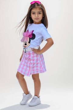 Kız Çocuk Minnie Baskı ve Üzeri Tül Fiyonk Detaylı Tişört Ekose Desen Etekli Takım