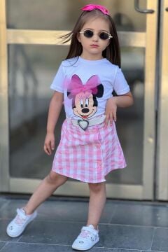 Kız Çocuk Minnie Baskı ve Üzeri Tül Fiyonk Detaylı Tişört Ekose Desen Etekli Takım