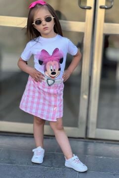 Kız Çocuk Minnie Baskı ve Üzeri Tül Fiyonk Detaylı Tişört Ekose Desen Etekli Takım