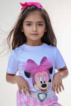 Kız Çocuk Minnie Baskı ve Üzeri Tül Fiyonk Detaylı Tişört Ekose Desen Etekli Takım