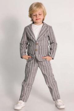 Erkek Çocuk Kruvaze Yaka Kesim Çizgili Keten Blazer Ceket Penye T-Shirt Füme Keten Alt Üst Takım