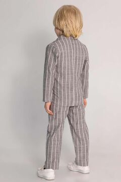 Erkek Çocuk Kruvaze Yaka Kesim Çizgili Keten Blazer Ceket Penye T-Shirt Füme Keten Alt Üst Takım