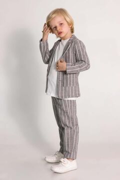 Erkek Çocuk Kruvaze Yaka Kesim Çizgili Keten Blazer Ceket Penye T-Shirt Füme Keten Alt Üst Takım