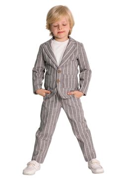 Erkek Çocuk Kruvaze Yaka Kesim Çizgili Keten Blazer Ceket Penye T-Shirt Füme Keten Alt Üst Takım