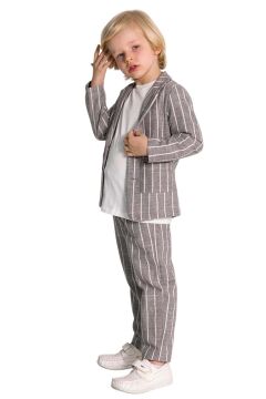 Erkek Çocuk Kruvaze Yaka Kesim Çizgili Keten Blazer Ceket Penye T-Shirt Füme Keten Alt Üst Takım