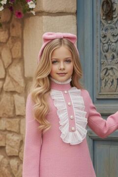 Kız Çocuk Fırfır ve Palyaço Yaka Göğsü Düğme ve Dantel İşleme Detaylı Şanel Pembe Elbise