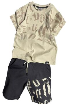 Erkek Çocuk Eskitme Desenli Bej Şortlu Takım