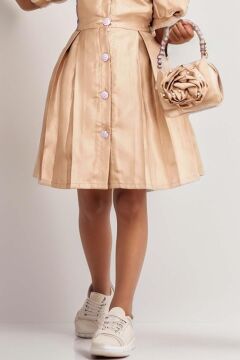 Kız Çocuk Boydan Düğme Detaylı Yakası Taşlı Parlak Saten Kumaş Gold Elbise