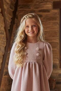 Kız Çocuk Yaka ve Düğme Detaylı Bilekleri Manşetli Pliseli Pembe Şanel Elbise
