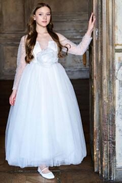 Kız Çocuk Üzeri Pulpayet İşlemeli Kolları Şeffaf Tüllü Toka Detaylı Beyaz Abiye