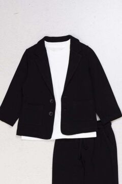 Erkek Çocuk Kruvaze Yaka Kesim Çift Cepli Keten Blazer Ceket Penye T-Shirt Siyah Keten Alt Üst Takı