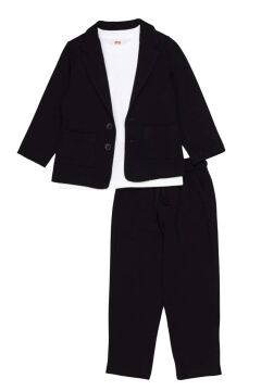 Erkek Çocuk Kruvaze Yaka Kesim Çift Cepli Keten Blazer Ceket Penye T-Shirt Siyah Keten Alt Üst Takı