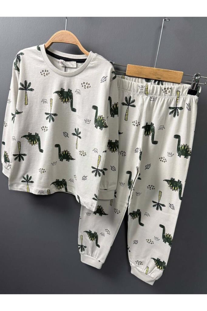 Erkek Çocuk Üzeri Palmiye Ağacı ve Dinazor Baskılı Krem Pijama Takımı