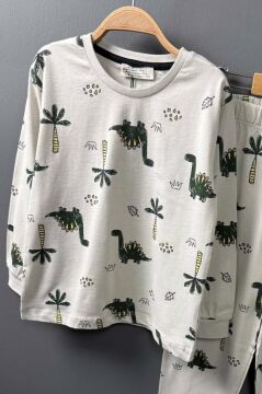 Erkek Çocuk Üzeri Palmiye Ağacı ve Dinazor Baskılı Krem Pijama Takımı