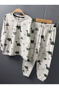 Erkek Çocuk Üzeri Palmiye Ağacı ve Dinazor Baskılı Krem Pijama Takımı