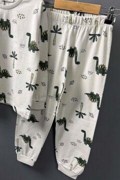 Erkek Çocuk Üzeri Palmiye Ağacı ve Dinazor Baskılı Krem Pijama Takımı