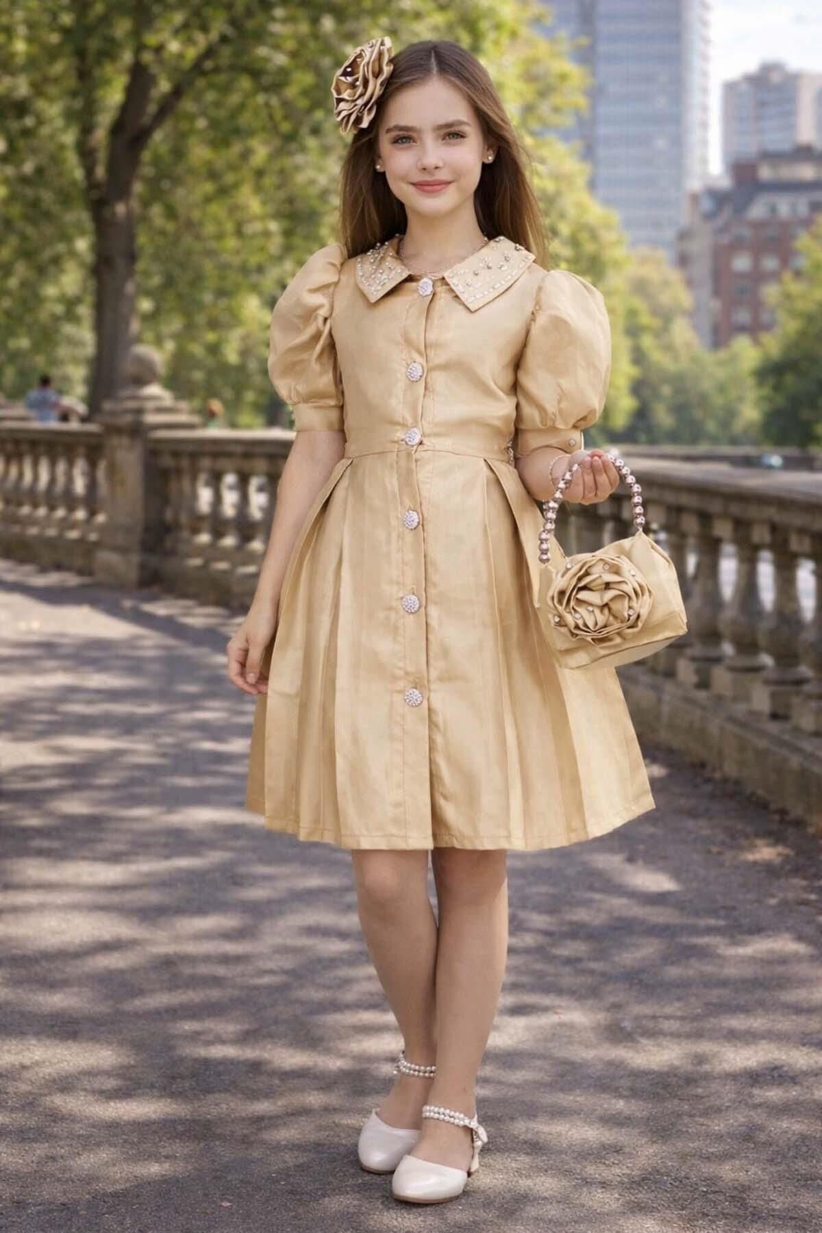 Kız Çocuk Yakası İnci Taş İşlemeli Düğmeli Karpuz Kollu Saten Gold Elbise